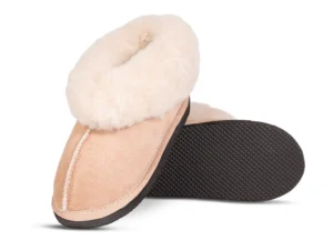 Front angle of Karoo Junior sheepskin slipper by JCP Leathers, showcasing the plush wool lining and durable suede construction.
