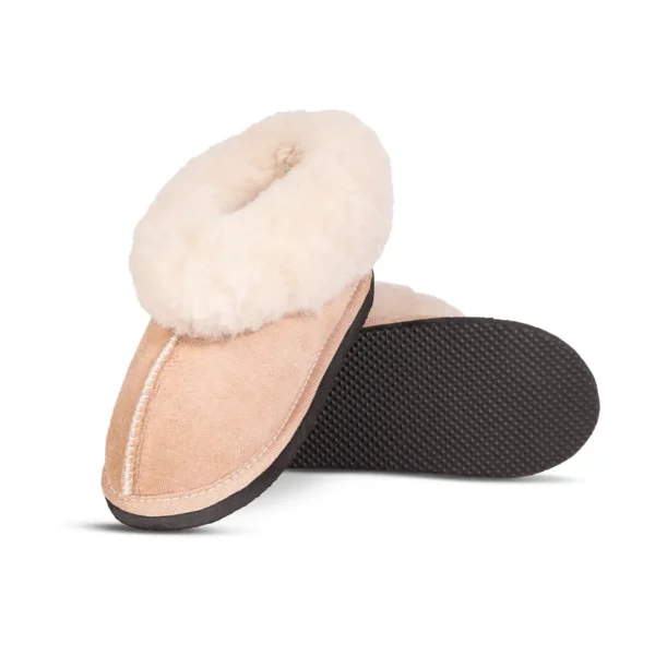 Front angle of Karoo Junior sheepskin slipper by JCP Leathers, showcasing the plush wool lining and durable suede construction.
