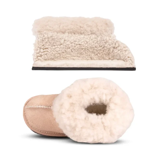Top and front views of the Karoo Junior sheepskin slippers by JCP Leathers, showcasing the soft wool interior and flexible sole.