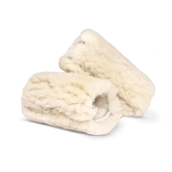 Pair of natural medical sheepskin grips designed for wheelchair or mobility support.