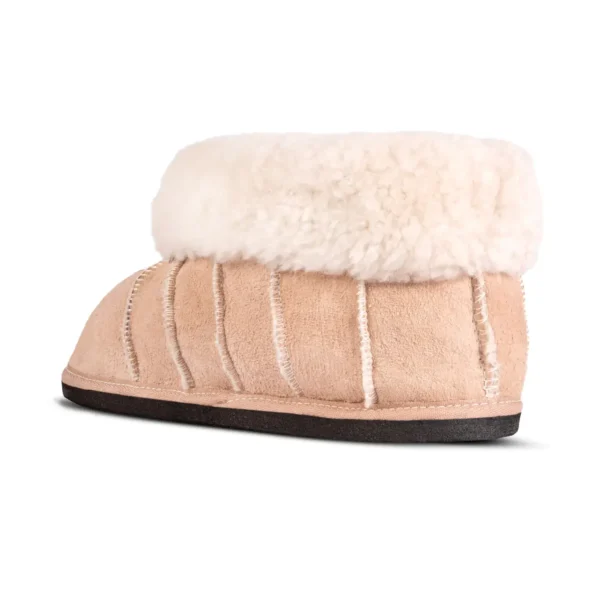 Lowveld Classic sheepskin slipper from JCP Leathers, featuring a stitched design and plush wool cuff.