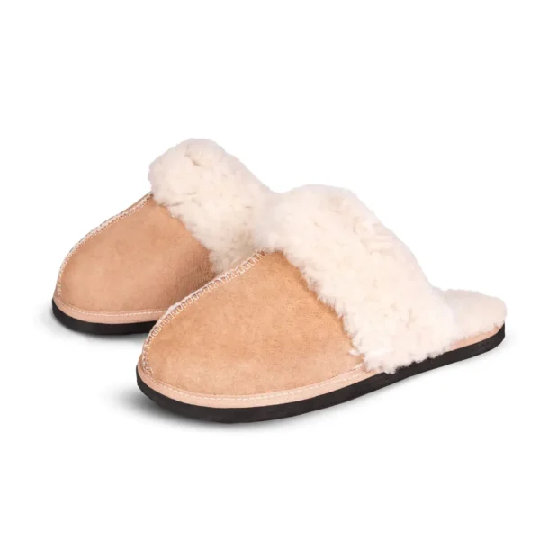 Namaqua Classic sheepskin slippers pair, angled view showing plush fleece collars and soft suede finish.