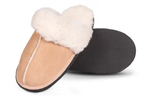 Namaqua Classic sheepskin slipper top and sole view, featuring the soft fleece lining and durable textured black sole.