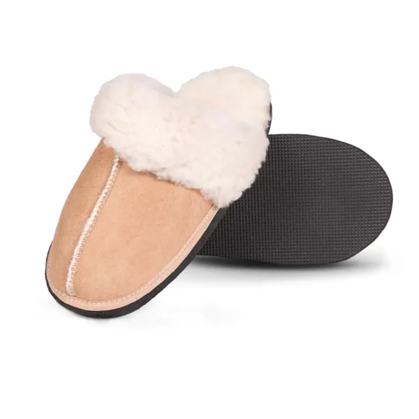 Namaqua Classic sheepskin slipper top and sole view, featuring the soft fleece lining and durable textured black sole.
