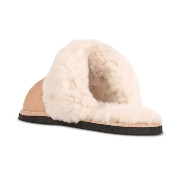Namaqua Classic sheepskin slipper angled view, highlighting the soft, fluffy fleece collar and durable suede outer with a black sole.