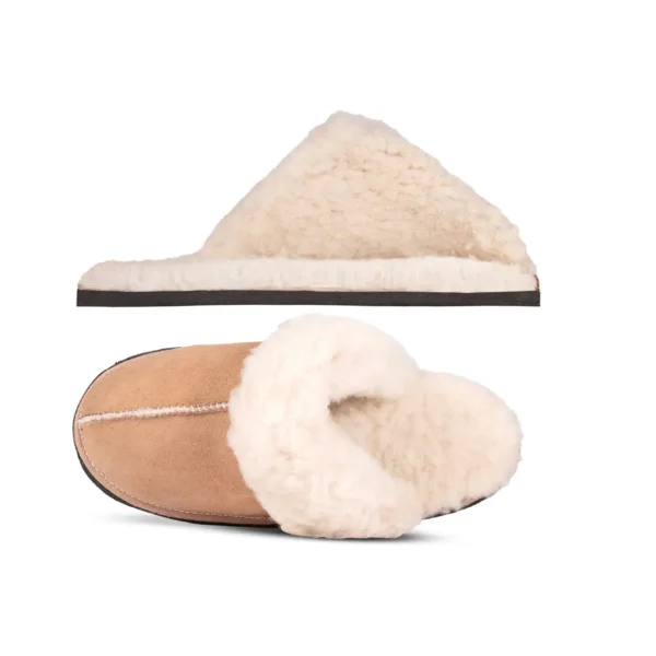Namaqua Classic sheepskin slippers, showing a top-down view of the opening and a side profile highlighting the fleece lining and suede exterior.