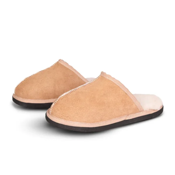 Pair of Kalahari Classic sheepskin slippers, displayed at an angled view showing suede uppers and plush fleece interiors.