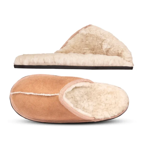 Top and side view of Kalahari Classic sheepskin slippers, showcasing the soft suede uppers, low-cut collar, and cosy fleece interior.