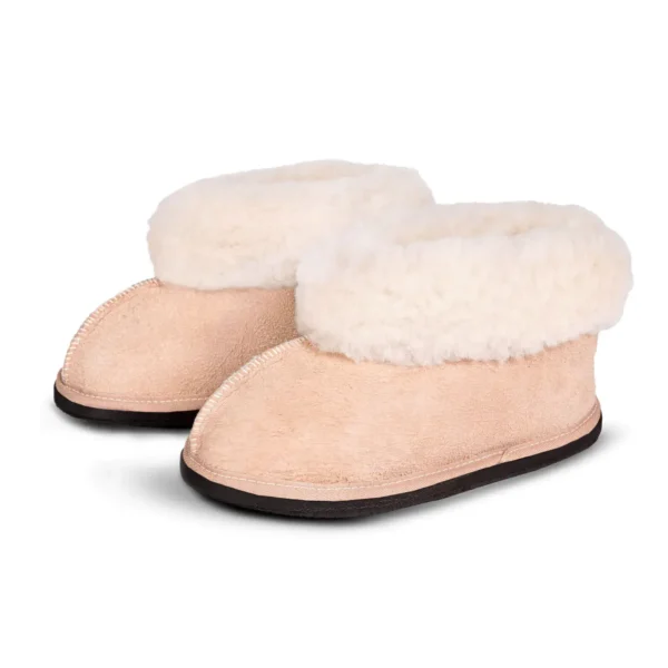 Pair of Karoo Classic sheepskin slippers, showing the soft suede exterior, plush wool collars, and durable black soles.