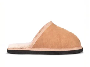 Minimalist sheepskin slipper with open back, black sole, and suede finish – Kalahari Classic slipper.