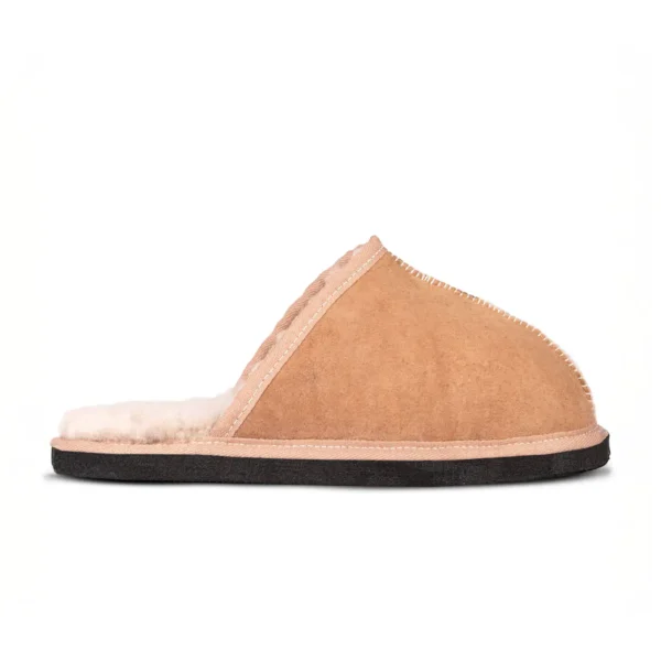 Minimalist sheepskin slipper with open back, black sole, and suede finish – Kalahari Classic slipper.