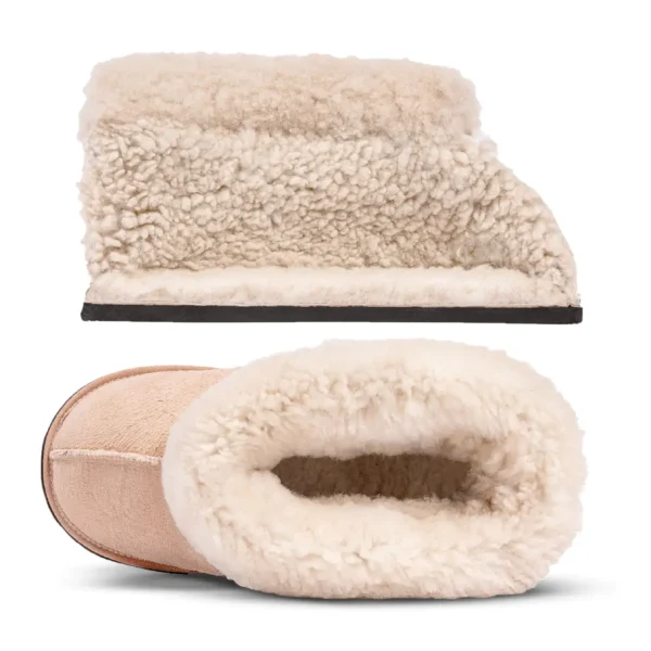 Karoo Classic sheepskin slippers shown from the top and side, highlighting the natural fleece lining and suede outer finish.