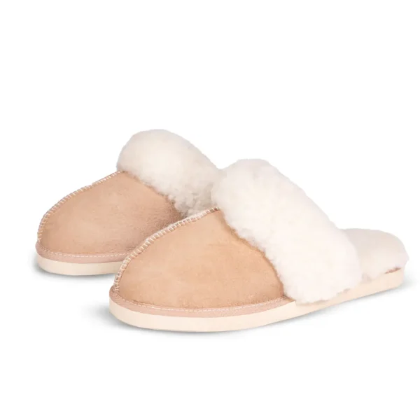 Pair of Namaqua Premium sheepskin slippers, showing plush sheepskin lining and soft suede finish.
