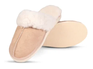 Angled view of a Namaqua Premium sheepskin slipper, showcasing the soft suede upper and durable outsole.