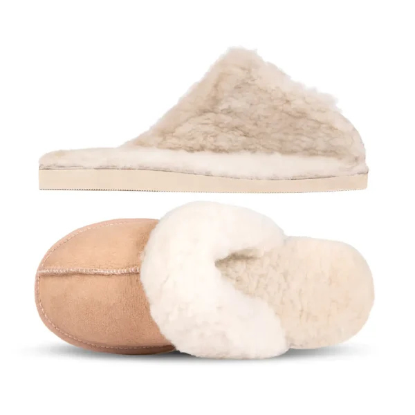 Top and side view of Namaqua Premium sheepskin slippers, featuring a natural wool interior and smooth suede exterior.