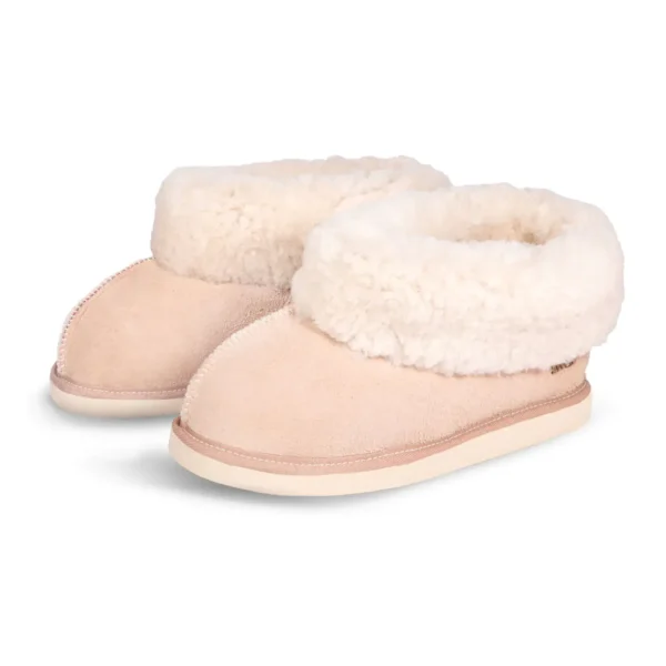 Pair of Karoo Premium sheepskin slippers with turned-down fluffy cuffs and suede exteriors, side by side.
