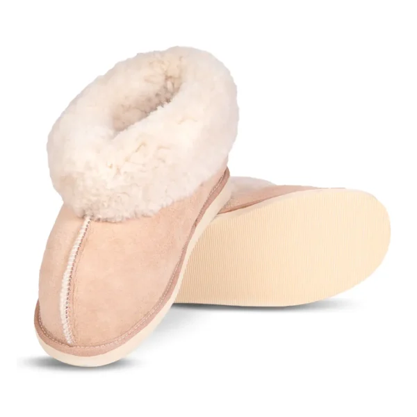 Top and sole view of the Karoo Premium sheepskin slipper showing the wool interior and light-coloured sole.