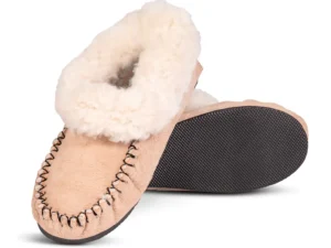 Front and sole view of the Cape Classic sheepskin slipper, showing detailed stitching and durable rubber outsole.