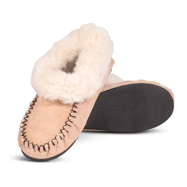 Front and sole view of the Cape Classic sheepskin slipper, showing detailed stitching and durable rubber outsole.