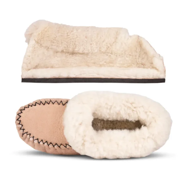Side and top views of the Cape Classic sheepskin slipper with soft wool lining and suede exterior.