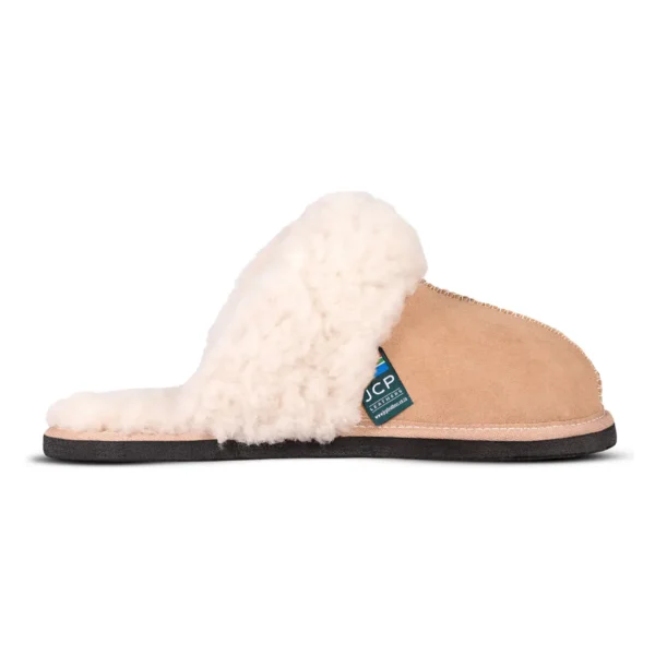 Sheepskin slipper with a soft black sole, side view - Namaqua Classic slipper.